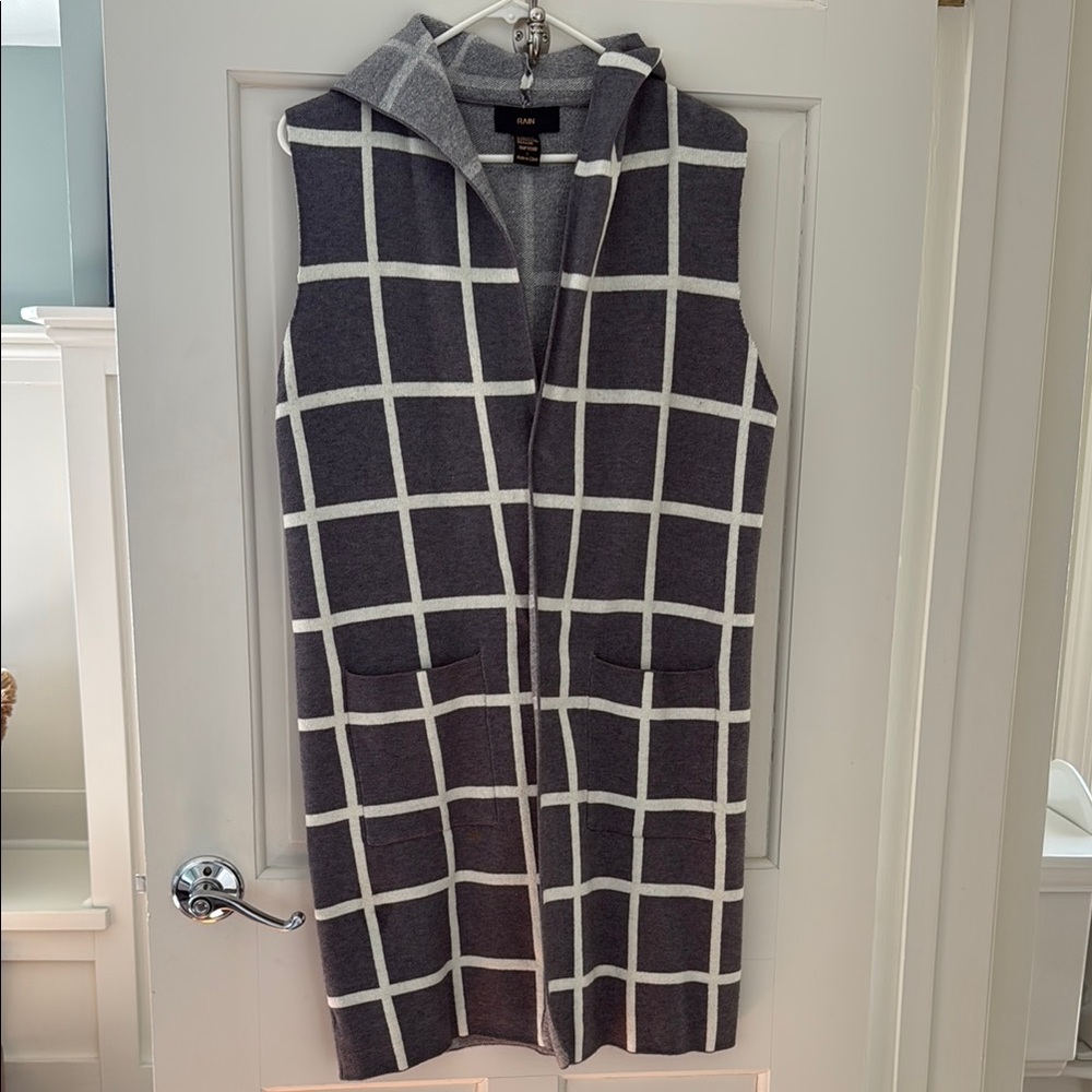 Gray and White Hooded Vest with Grid Pattern